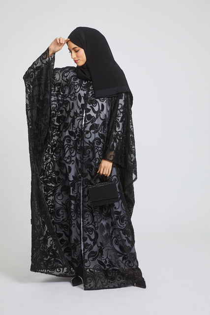 Luxury Three Piece Black Floral Lace Embellished Open Abaya Set