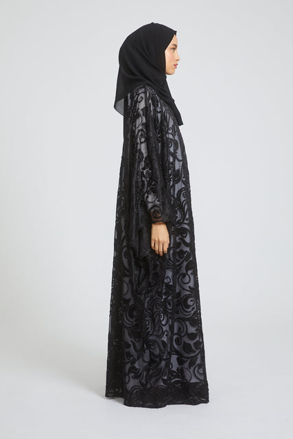 Luxury Three Piece Black Floral Lace Embellished Open Abaya Set