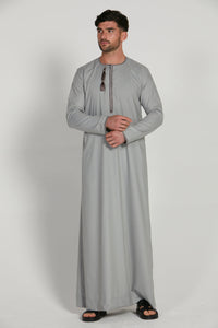 Junior Boys Premium Omani Thobe - Light Grey with Mauve Embroidery