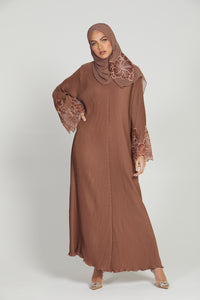 Premium Pleated Floral Lace Cuff Abaya - Mocha