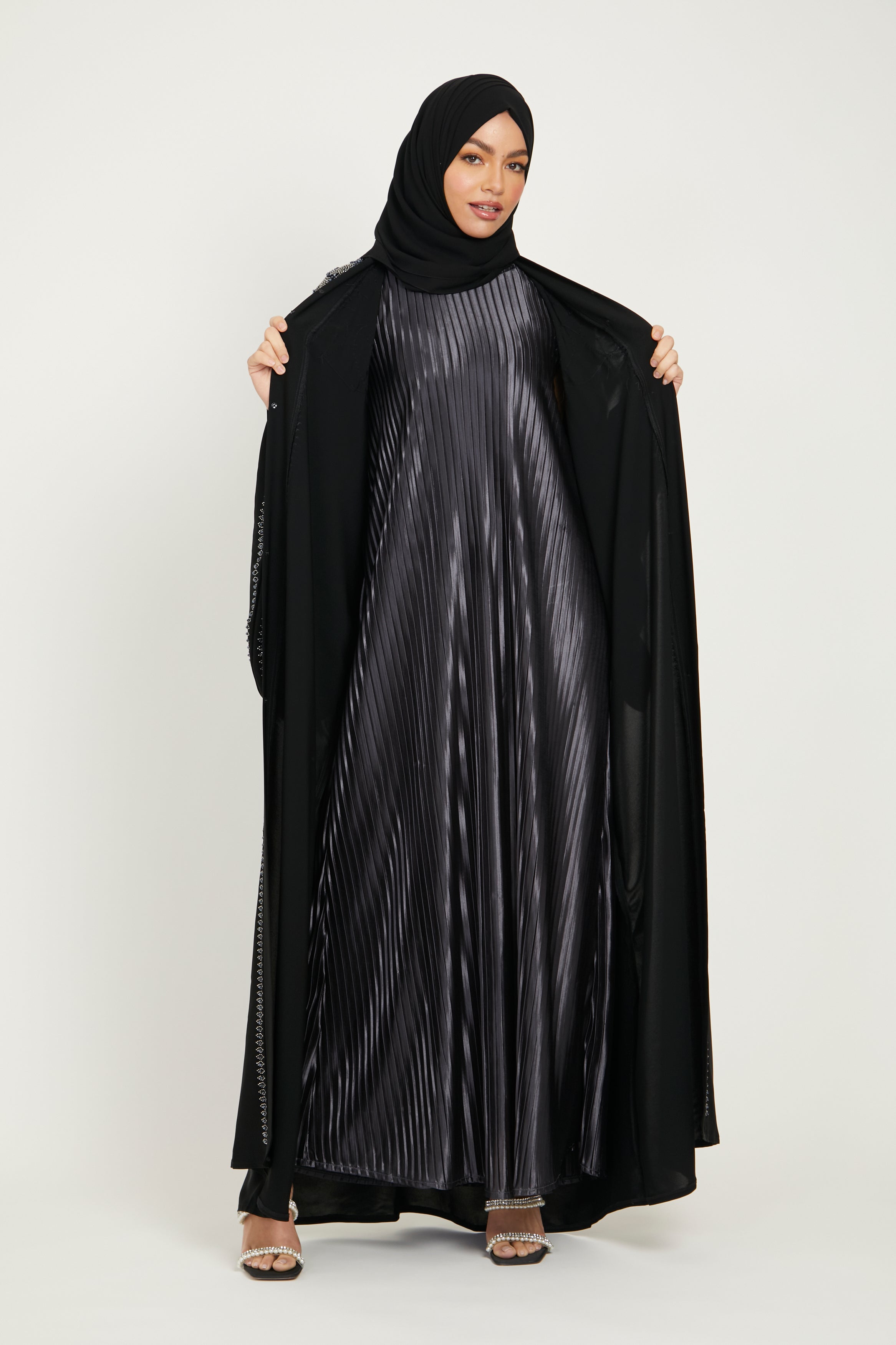 Pleated Satin Inner Slip Dress - Charcoal