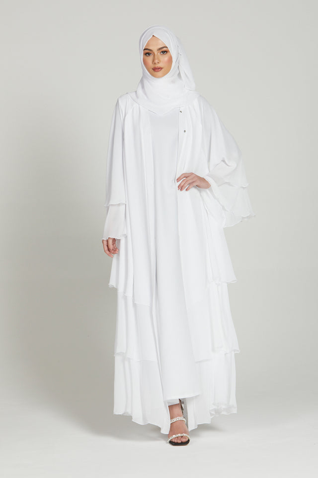 Chiffon Layered Open Abaya - White