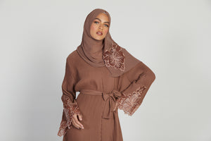 Premium Pleated Floral Lace Cuff Abaya - Mocha