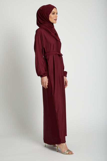 Plain Abaya with Elasticated Cuffs - Deep Maroon