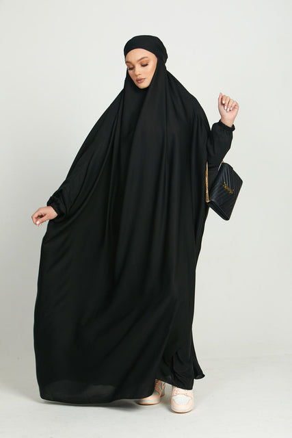 One Piece Full Length Jilbab/ Prayer Abaya - Elasticated Cuff - Black