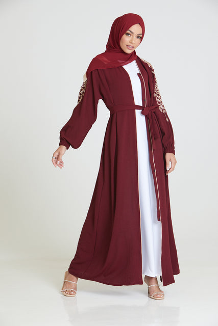 Maroon Embellished Sleeve Open Abaya