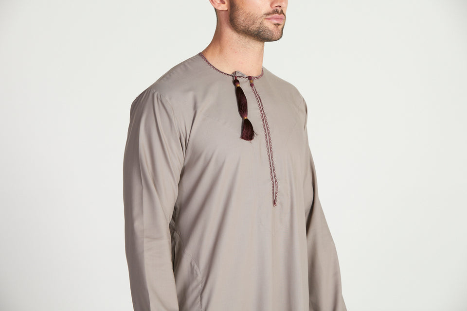 Premium Omani Thobe - Taupe with Maroon Embroidery