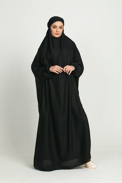 One Piece Full Length Jilbab/ Prayer Abaya - Elasticated Cuff - Black