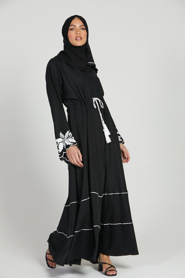 Black Umbrella Cut Closed Abaya with Embroidered Cuffs and Hem Piping