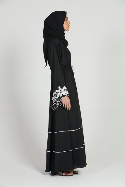 Black Umbrella Cut Closed Abaya with Embroidered Cuffs and Hem Piping