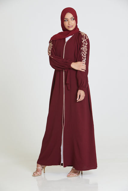 Maroon Embellished Sleeve Open Abaya