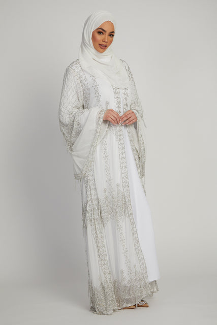 Luxury Ice White Glimmer Embellished Open Abaya