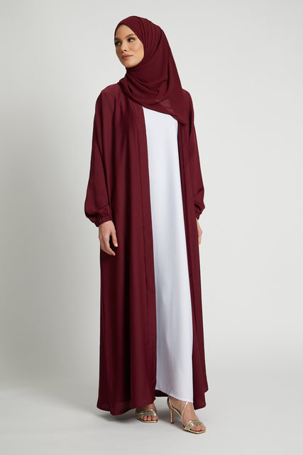 Open Abaya with Elasticated Cuffs - Deep Maroon