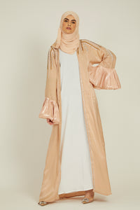 Luxury Three Piece Embellished Open Abaya with Balloon Sleeves - Dusty Peach