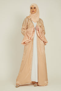 Luxury Three Piece Embellished Open Abaya with Balloon Sleeves - Dusty Peach