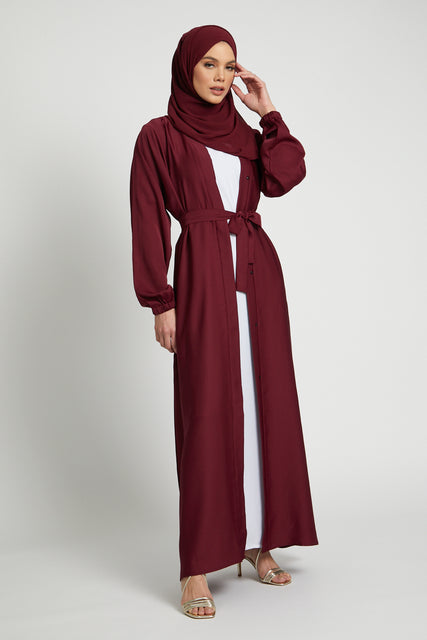 Open Abaya with Elasticated Cuffs - Deep Maroon