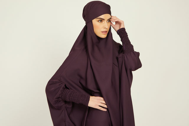 One Piece Full Length Jilbab/ Prayer Abaya - Zipped Cuffs And Pockets - Plum