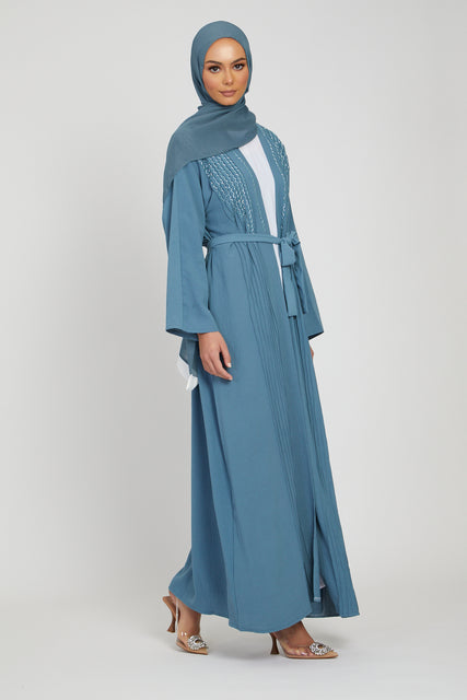 Four Piece Pleated Open Abaya with Silver Embellishments - Sky Blue