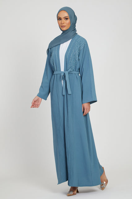 Four Piece Pleated Open Abaya with Silver Embellishments - Sky Blue