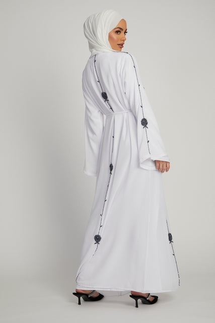 White Embellished Chiffon Open Abaya