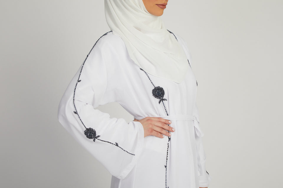 White Embellished Chiffon Open Abaya