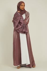 Luxury Three Piece Embellished Open Abaya with Balloon Sleeves - Deep Mauve