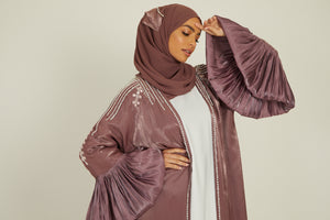 Luxury Three Piece Embellished Open Abaya with Balloon Sleeves - Deep Mauve