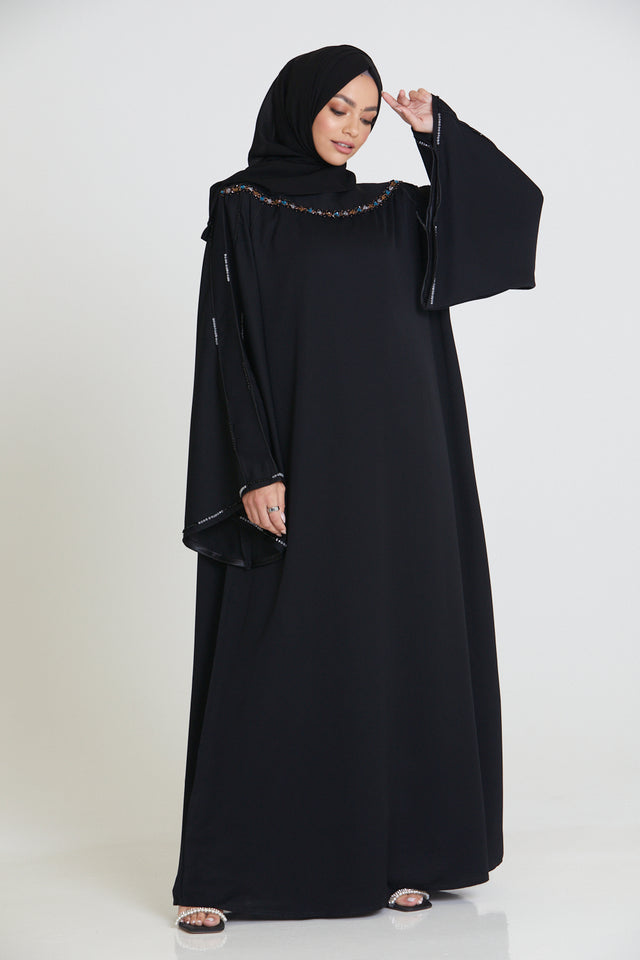 Classic Black Closed Abaya with Embellished Flared Sleeves