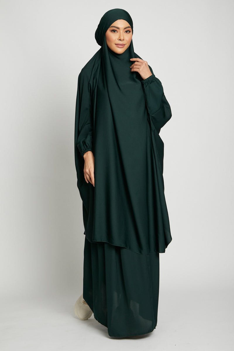 Two Piece Jilbab/ Prayer Set - Elasticated Cuff - Forest Green