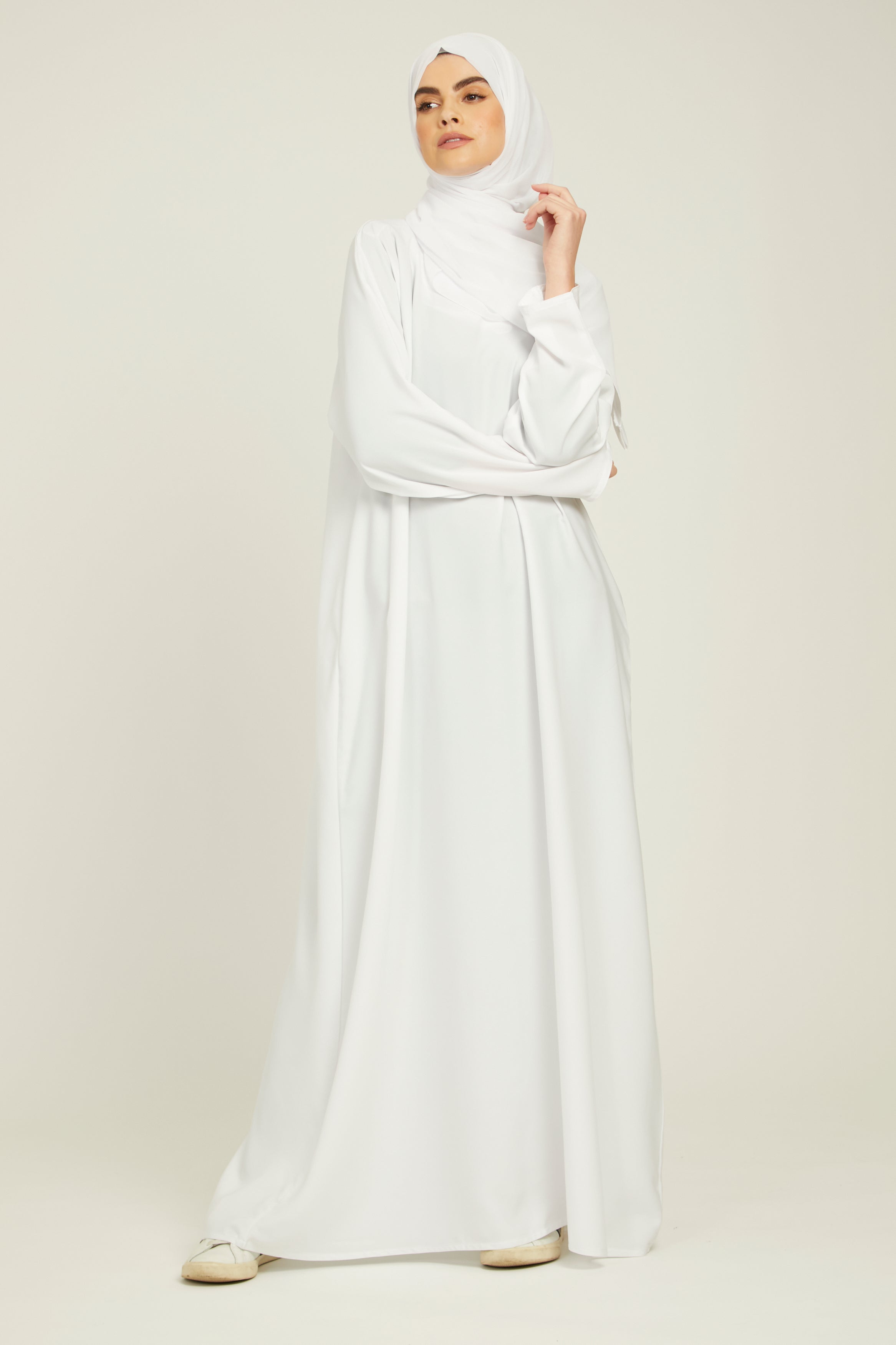Plain Closed Abaya WithPockets - White - Polyester - Adult - 58