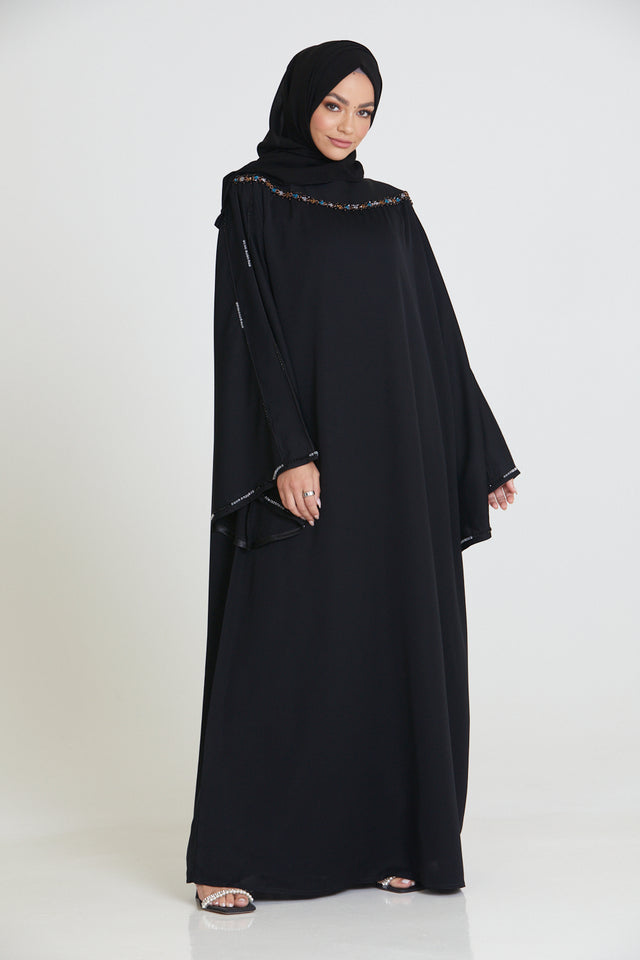 Classic Black Closed Abaya with Embellished Flared Sleeves
