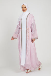 Three Piece Striped Open Abaya With Lace Piping - Fresh Bloom