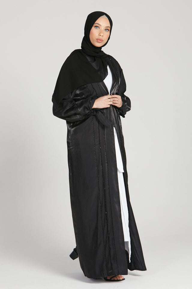 Tie Up Cuff Embellished Organza Silk Open Abaya - Black