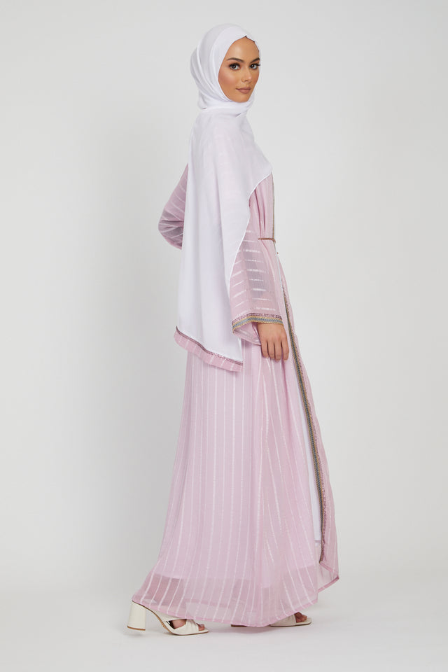 Three Piece Striped Open Abaya With Lace Piping - Fresh Bloom