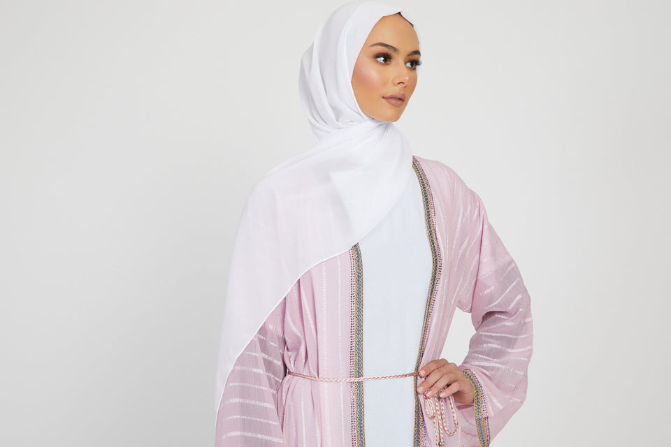 Four Piece Striped Open Abaya With Lace Piping - Fresh Bloom