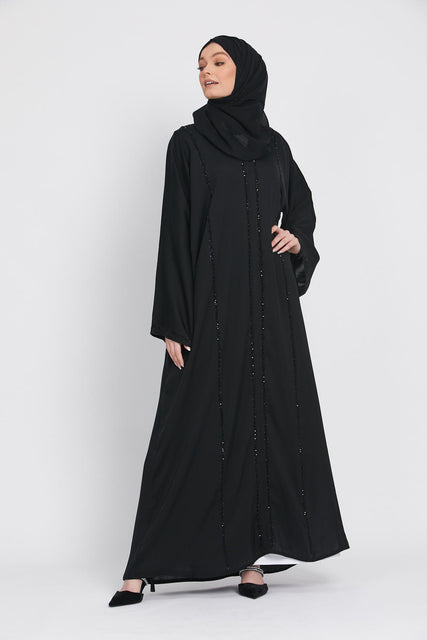 Black Closed Abaya with Embellished Piping