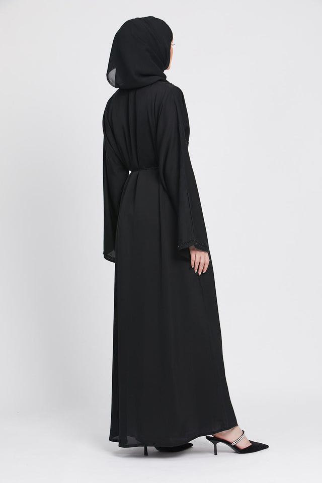 Black Closed Abaya with Embellished Piping