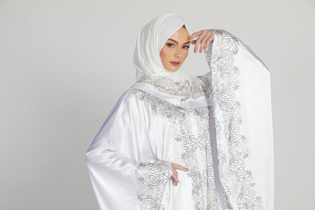 Luxury Satin White Embellished Open Farasha
