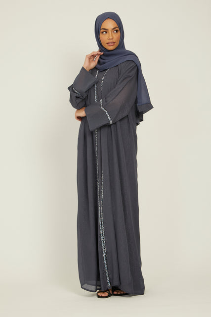 Four Piece Shimmer Open Abaya Set - Charcoal