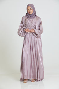 Three Piece Ruched with Balloon Sleeves Organza Silk Abaya Set - Rose Blush