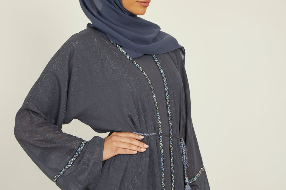 Four Piece Shimmer Open Abaya Set - Charcoal