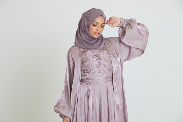 Three Piece Ruched with Balloon Sleeves Organza Silk Abaya Set - Rose Blush