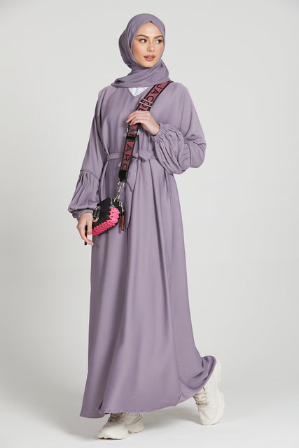 Premium Textured Open Abaya with Pleated Cuffs - Lilac