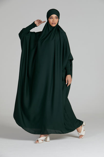 One Piece Full Length Jilbab/Prayer Abaya  - Zipped Cuffs And Pockets - Forest Green