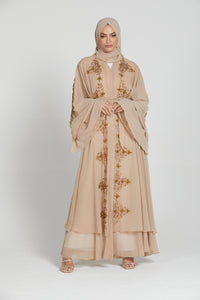 Luxury Almond Nude Floral Embellished Layered Open Abaya