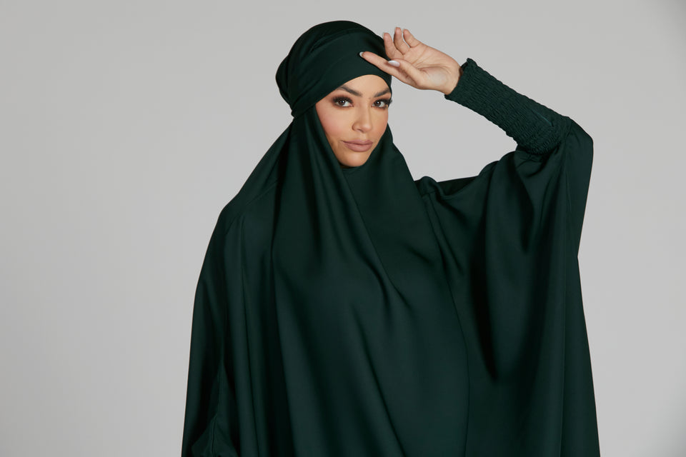 One Piece Full Length Jilbab/Prayer Abaya  - Zipped Cuffs And Pockets - Forest Green