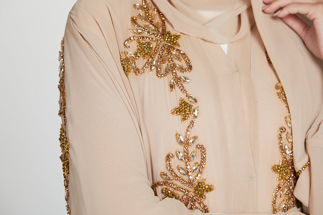 Luxury Almond Nude Floral Embellished Layered Open Abaya