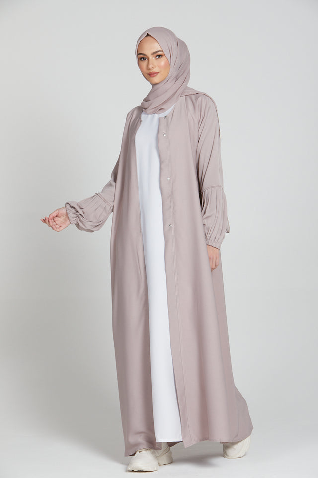 Open Premium Textured Abaya with Pleated Cuffs - Light Mink
