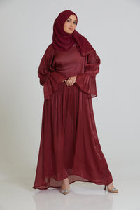 Three Piece Shimmer Organza Silk Abaya Set with Bell Sleeves - Maroon