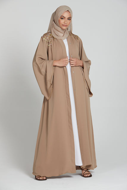 Luxury Nude Latte Embellished Shoulder Open Abaya